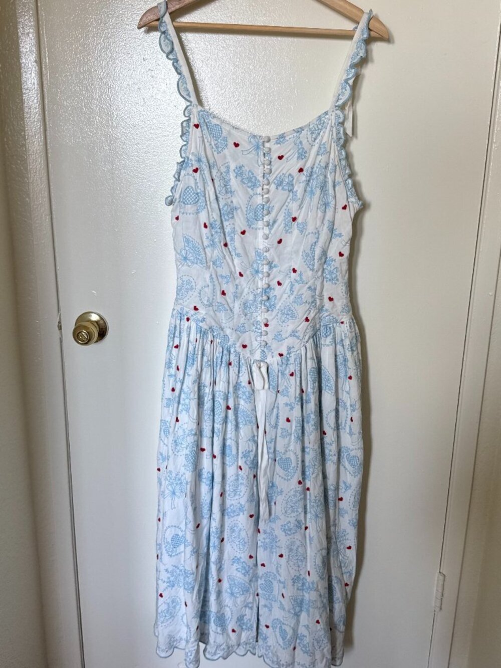 For Love & Lemons Livia White Blue Floral Embroidered Linen Blend Midi Dress L - Picture 2 of 8
